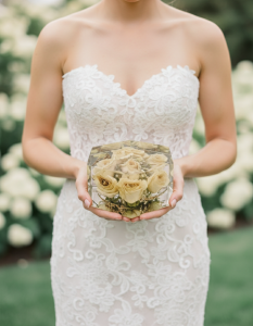 wedding flowers preserved in a hexagon decor ornament